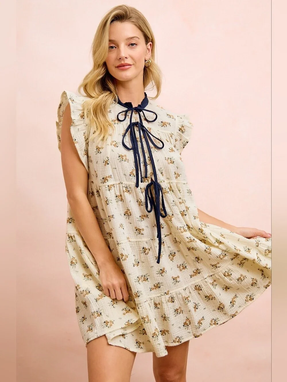 BiBi Floral Multi-tierd Dress With Ruffles And Front Tie- Cream Navy - Picture 9 of 13